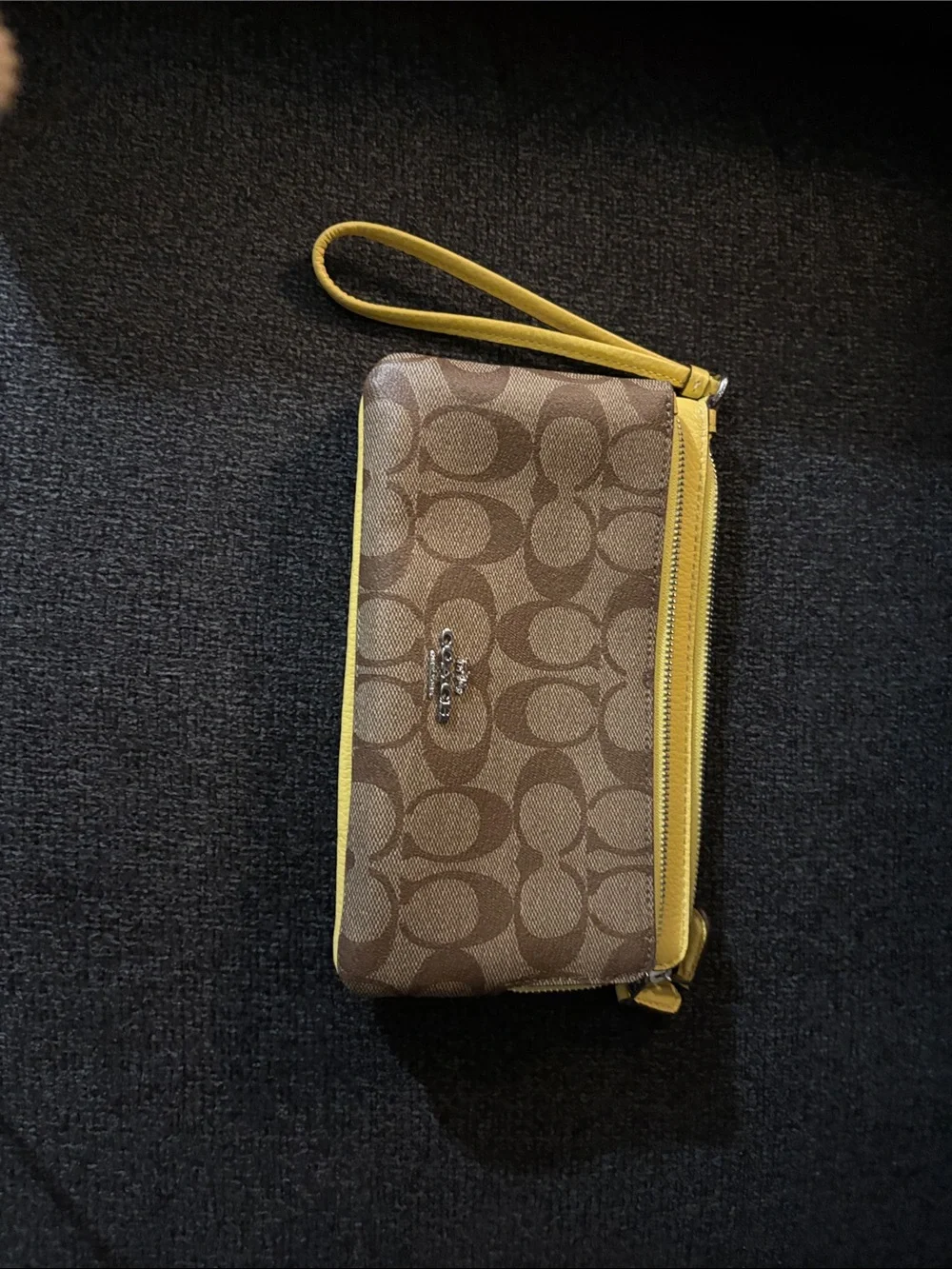 Coach Brown Signature Canvas Wristlet with Yellow Trim. New with tag. Never used